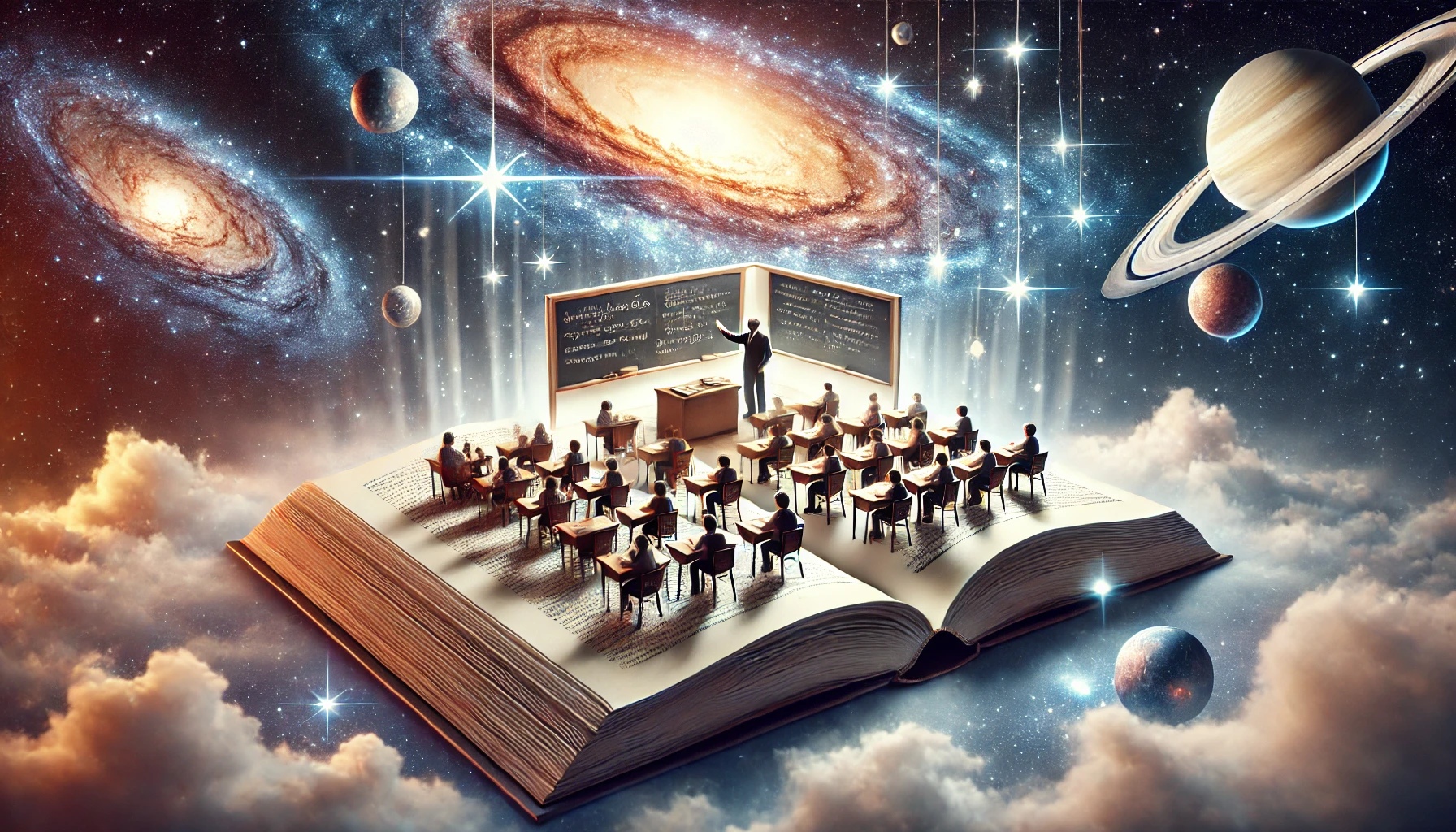 Ilustração da escola: um livro aberto conecta uma sala de aula ao universo